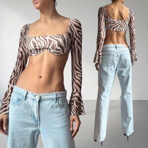 Princess Polly Zebra Print Mesh Long Sleeve Top w/ Bell Sleeves Brown and Cream